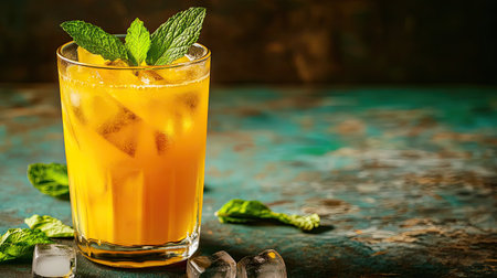 A glass of refreshing aam panna with mint leaves and ice cubes on a traditional background. Copy space.の素材