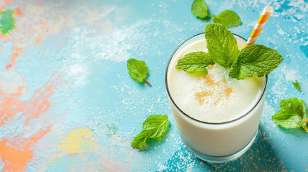 A glass of refreshing mint lassi with mint leaves and a straw on a colorful background. Copy space.の素材