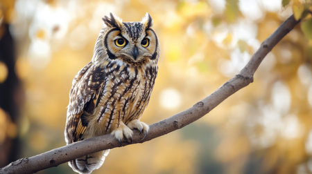 Close-up of a fluffy owl perched on a branch, showcasing its brown and white patterned feathers, ideal for nature themes with copy spaceの素材