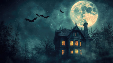 Night scene featuring a full moon, bats soaring above a haunted house with glowing windows, creating a chilling effect with copy spaceの素材
