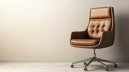 Brown leather office chair in a minimalist setting, against a simple wall, offering a clean and sophisticated look with copy spaceの素材