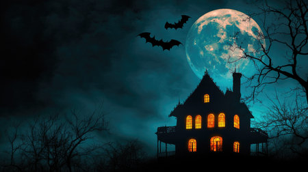 Haunted house with glowing windows under a full moon, bats silhouetted against the night sky, perfect for spooky themes, copy space availableの素材
