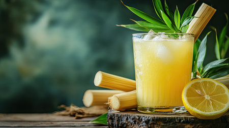 A glass of refreshing sugarcane juice with lemon slices on a rustic table. Copy space available.の素材