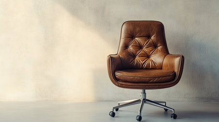 Brown leather office chair in a minimalist setting, against a simple wall, offering a clean and sophisticated look with copy spaceの素材