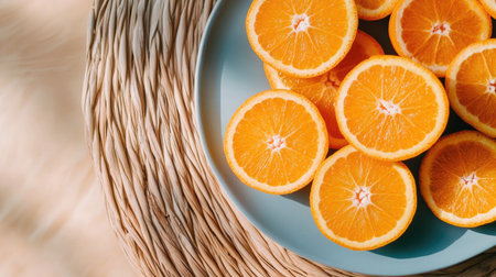 Fresh orange fruit sliced and arranged on a minimalist plate, rattan table adding texture, ideal for food styling with copy spaceの素材