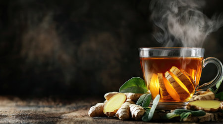 A steaming cup of ginger tea with fresh ginger slices and tea leaves on a rustic background. Copy space.の素材