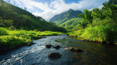 Clear mountain stream winding through lush greenery, with ample copy space.の素材