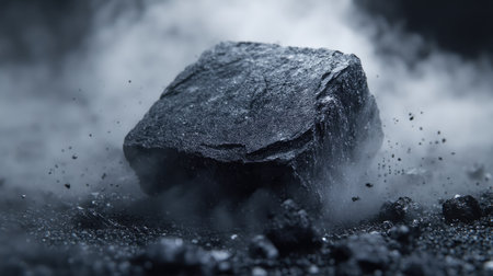 Coal in a raw, unrefined state, with dust and small fragments surrounding a large chunk. No people, copy spaceの素材