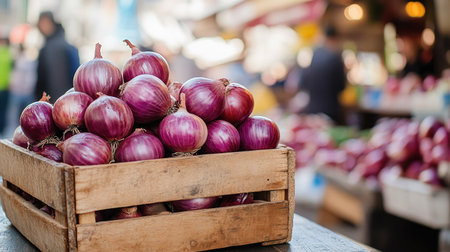 Rustic wooden box of red onions on a table, with the backdrop of a busy market, creating a fresh and lively scene with space for textの素材