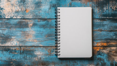 Empty white spiral notebook lying on a minimalist table, ready for notes or designs, with plenty of space for copy or brandingの素材