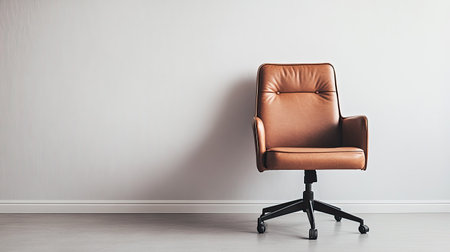 Brown leather office chair standing on a minimalist office floor, with a clean wall background and ample space for copyの素材