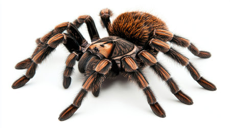 Detailed view of a large Goliath Tarantula, showcasing its hairy texture and strong legs against a stark white background.の素材