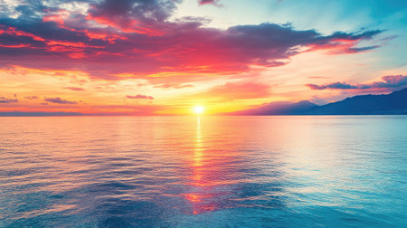 Beautiful sunset with vibrant colors over a calm sea, with space for text.の素材