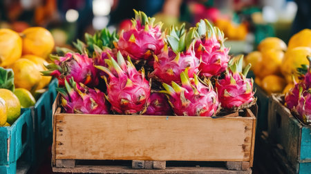 Dragon fruit arranged in a wooden box on a market table, with the vibrant colors of the fruit contrasting against the subtle market background.の素材