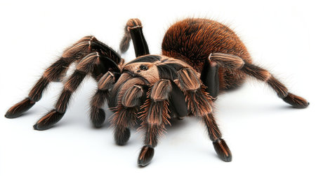 Goliath Tarantula captured in close-up, emphasizing its formidable size and hairy body with a plain white background for contrast.の素材