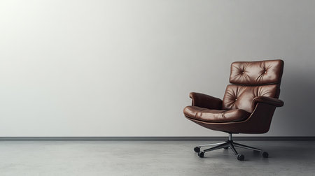 Elegant brown leather chair on a minimalist office floor, against a plain wall, ideal for professional themes with space for textの素材