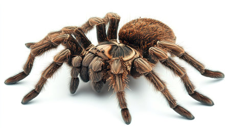 Close-up of a Goliath Tarantula with a hairy body and strong legs, against a clean white background, highlighting its imposing features.の素材