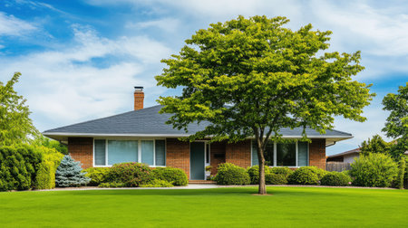Lovely house front with a tree on a well-maintained lawn, ideal for real estate ads, open copy spaceの素材