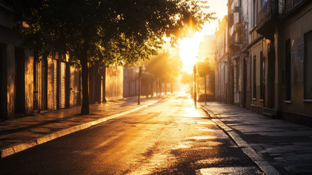 Morning sun casting soft light on a deserted street, perfect for copy space.の素材