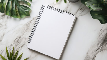 Minimalist setup with a white spiral notebook on a sleek table, perfect for creative projects with ample space for textの素材