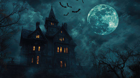 Full moon night with bats flying above a haunted house, glowing windows casting an eerie light, and plenty of space for textの素材