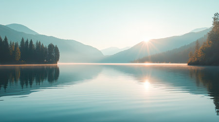 Early morning sunlight on a calm mountain lake, leaving space for copy.の素材