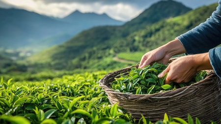 Hands gathering fresh tea leaves into a basket, with mountains in the background, perfect for a serene and organic scene with copy spaceの素材