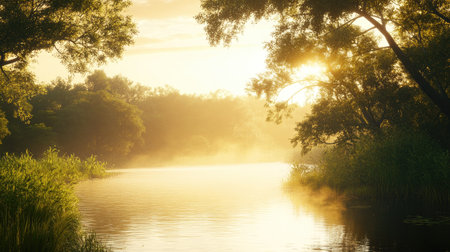 Soft morning light over a tranquil river, with space for text.の素材