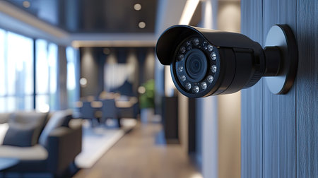Close-up of a cutting-edge home security camera, showcasing its modern design and high-tech surveillance functions.の素材