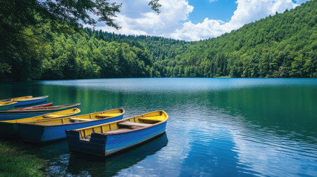 Fishing boats moored on a pristine lake, with forest trees creating a lush and calming backdrop in the natural setting.の素材