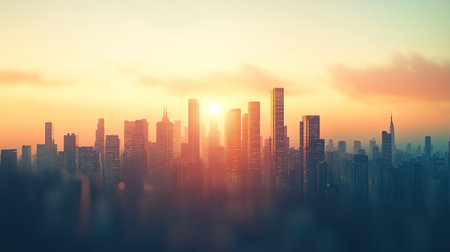 Distant city skyline at sunset, with room for copy space.の素材