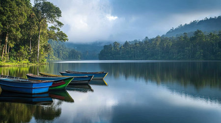 Fishing boats moored on a pristine lake, with forest trees creating a lush and calming backdrop in the natural setting.の素材