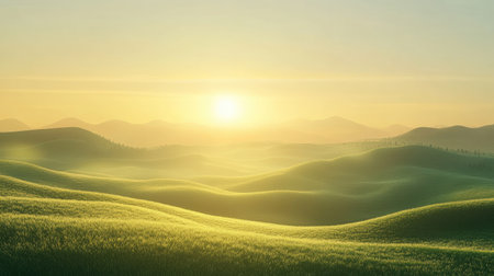 Gentle morning sun over rolling hills, with ample space for text.の素材