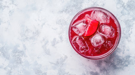 Chilled glass of kokum sherbet with a slice of kokum fruit and ice cubes. Top view with space for text.の素材