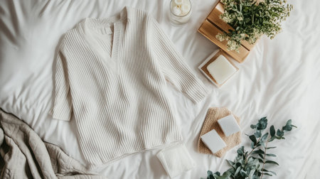 Comfy women pajamas spread out on a bed, top view, with plenty of copy spaceの素材