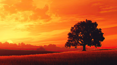 Fiery sunset over a peaceful countryside, with space for text.の素材