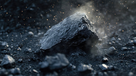 Coal in a raw, unrefined state, with dust and small fragments surrounding a large chunk. No people, copy spaceの素材