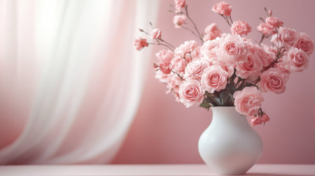 Elegant vase filled with pink roses set against a soft pink wall, offering a serene and sophisticated floral presentation.の素材