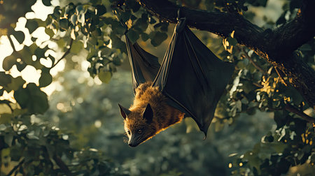 Indian flying fox hanging from a tree, with room for copy.の素材