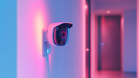 Detailed view of a sleek home security camera, highlighting its modern design and the technological features ensuring area surveillance.の素材