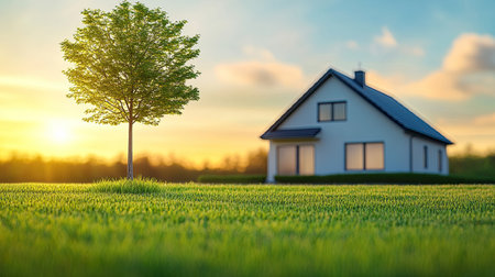 Serene residential house with a green lawn and a single tree, great for promotional content, copy space providedの素材