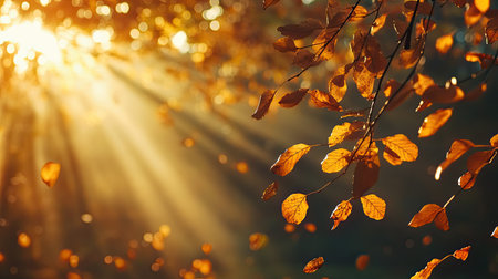 Morning sunlight filtering through autumn leaves, leaving space for copy.の素材