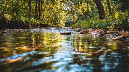 Clear water stream surrounded by trees, with room for copy space.の素材