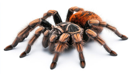 Imposing Goliath Tarantula with a detailed view of its hairy body and robust legs, set against a clean white backdrop.の素材