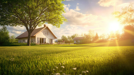 View of a popular house with one tree and a spacious lawn, perfect for text overlays, sunny dayの素材