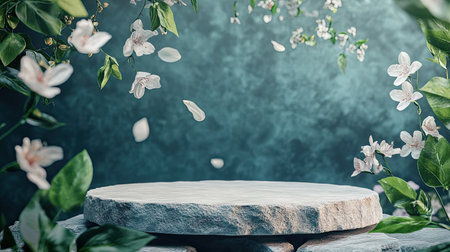 Elegant natural stone platform podium set against a backdrop of drifting flower leaves, ideal for product display and advertisingの素材