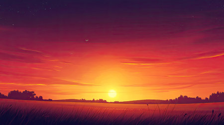 Fiery sunset over a peaceful countryside, with space for text.の素材