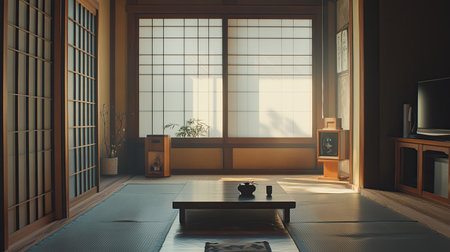 Minimalist design of a traditional Japanese living room, showcasing elegant simplicity and a peaceful atmosphere in its decor.の素材