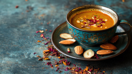 A traditional cup of Kashmiri kahwa with saffron and almond slices, placed on a rich background. Copy space.の素材