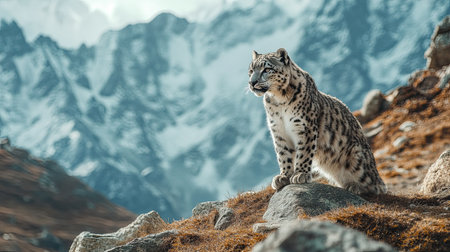 Snow leopard in the Himalayan mountains, with ample copy space.の素材
